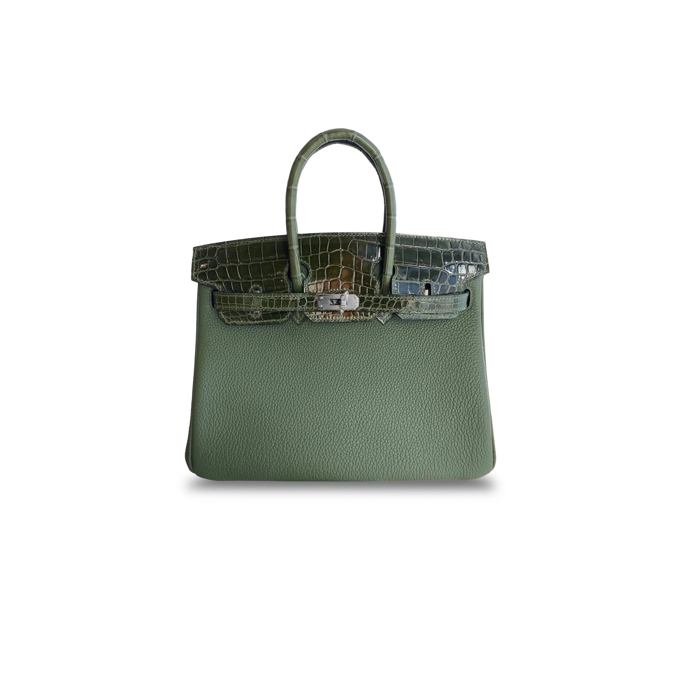 HERMÈS MASTER BIRKIN 25 CROCODILE AND TOGO LEATHER JUNGLE GREEN SILVER BUCKLE H076216CK39 (25*20*13cm)